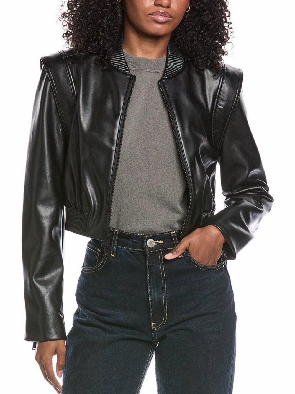 SIMKHAI Doreen Luxe Vegan Leather Boxy Bomber Jacket – Black (Size S)